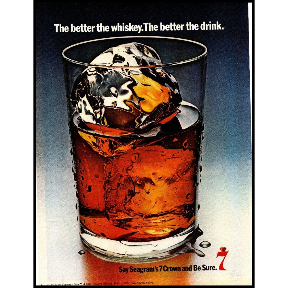 1970 Seagram's 7 Crown Whiskey Vintage Print Ad Old Fashioned Rocks Glass Art